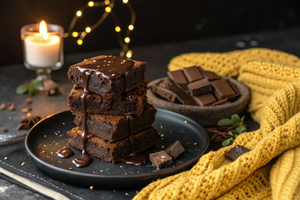 A stack of chocolate brownies drizzled with chocolate sauce sits on a black plate.