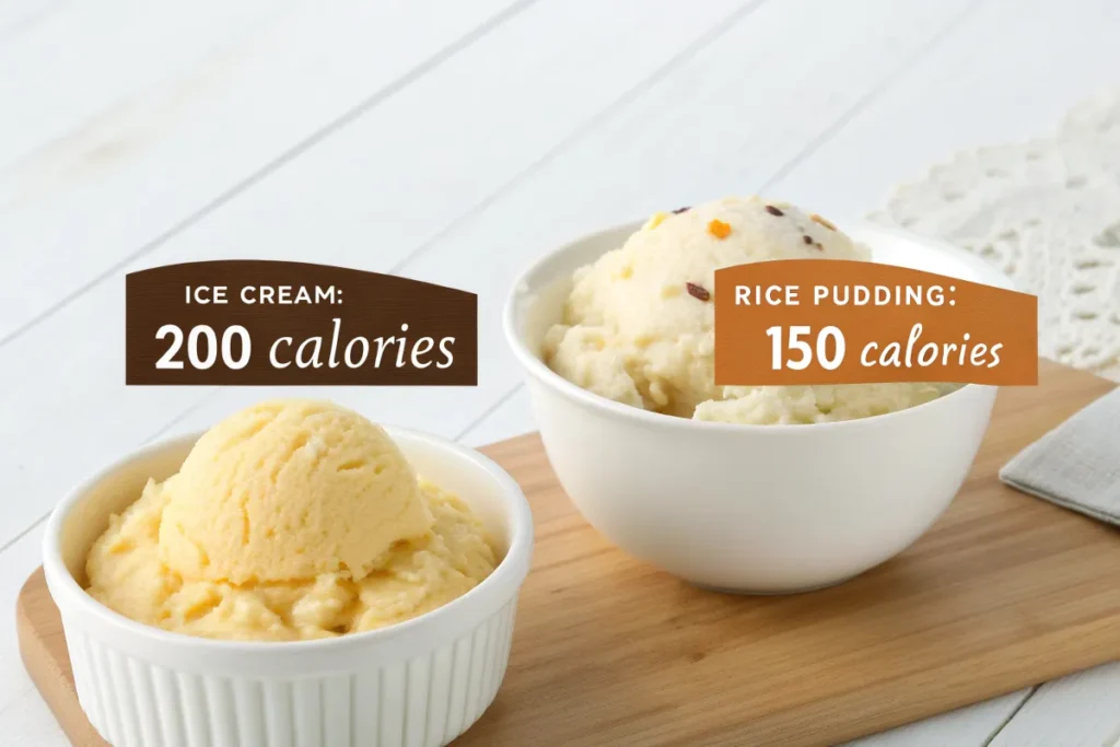Two small white bowls contain ice cream and rice pudding, with calorie counts for each.