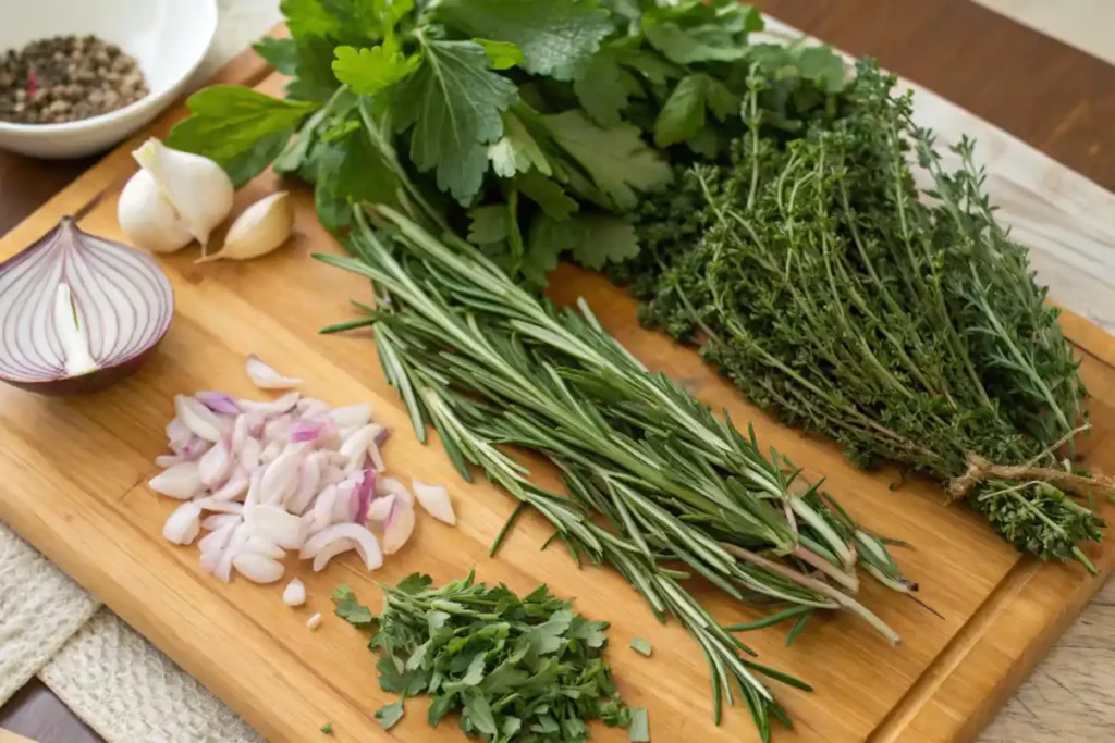A rustic display of fresh parsley, rosemary, thyme, and garlic on a wooden board