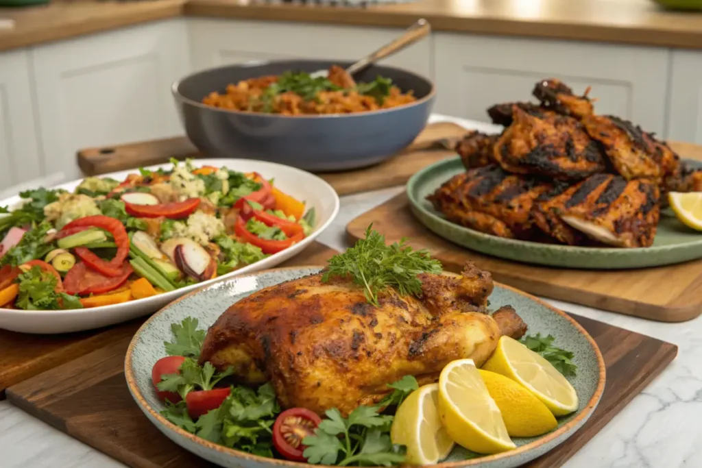 Roasted chicken, grilled chicken, and a salad are presented on a table.