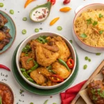 A flat lay view of various Indian dishes, including fried chicken, rice, and curry.