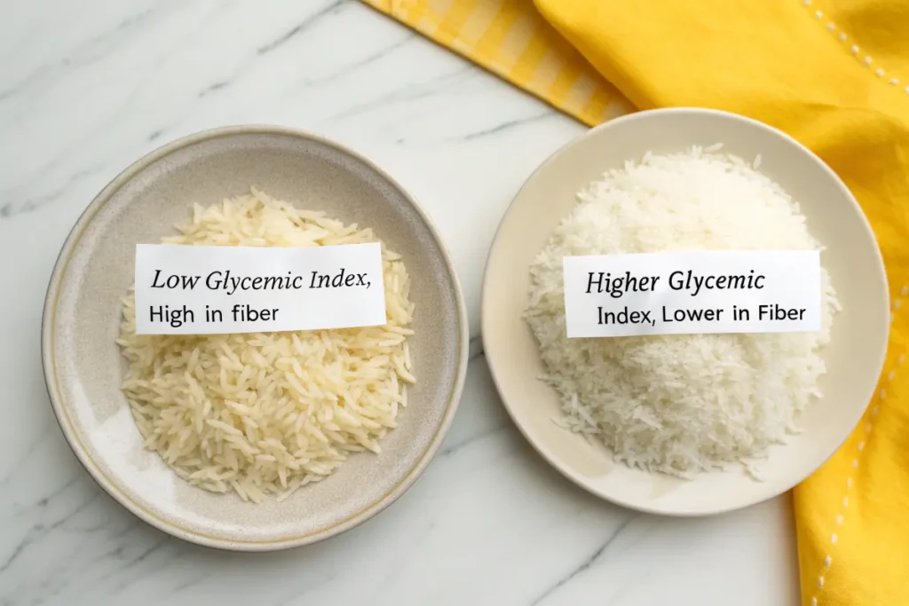 A nutritional comparison of basmati rice, high in fiber with a low glycemic index, versus white rice, higher in glycemic index."