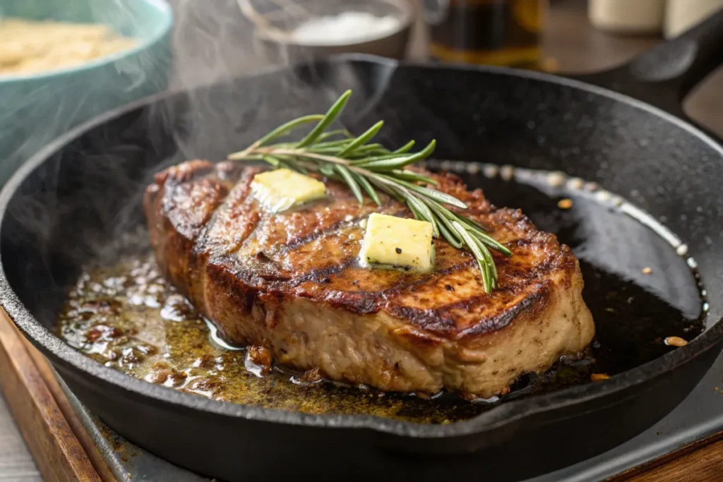 A grilled meat topped with pats of butter and a sprig of rosemary sits in a cast iron skillet.