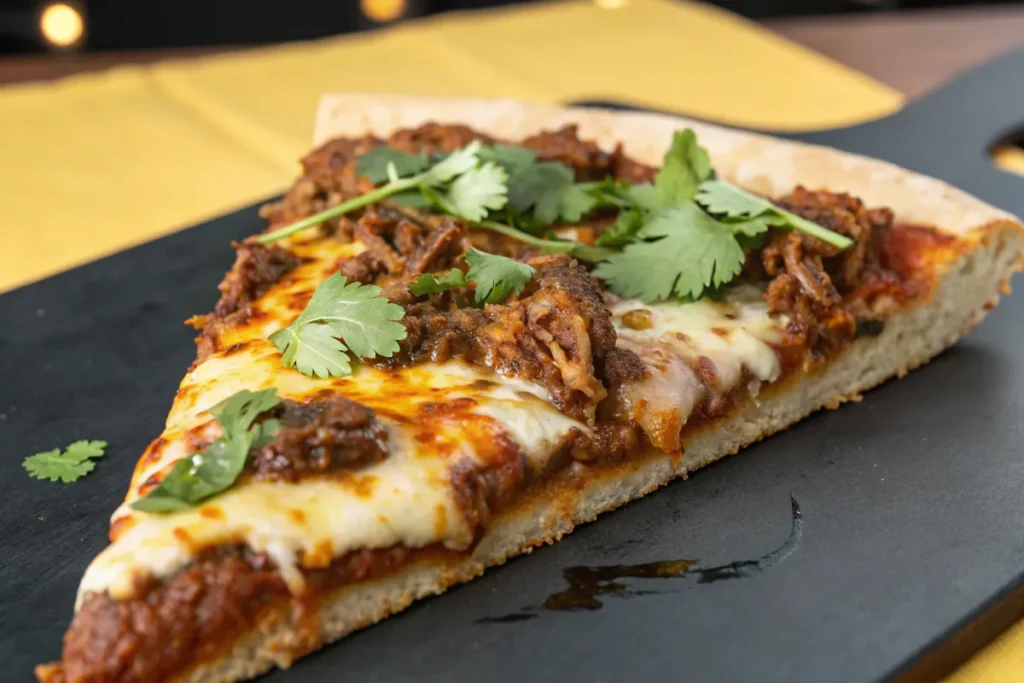 A slice topped with shredded meat and cilantro sits on a black serving tray.