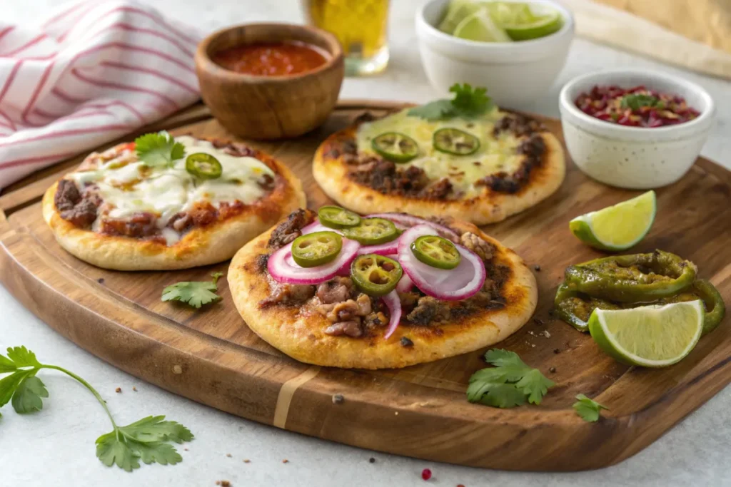 Three small pizzas topped with various ingredients sit on a wooden cutting board.