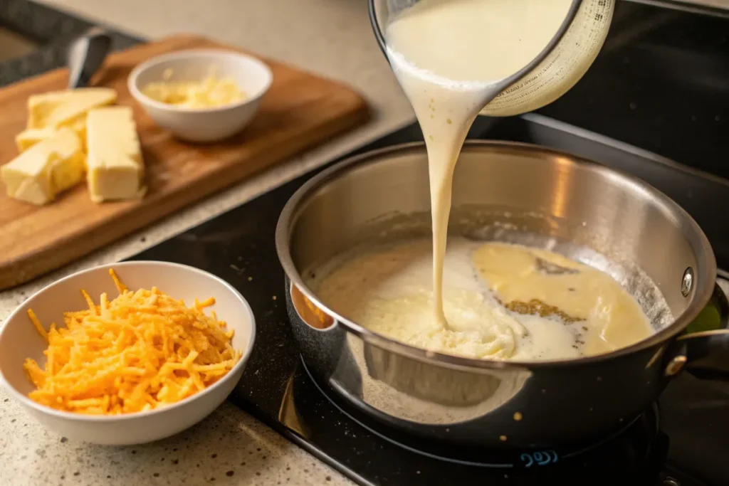 Milk is being poured into a saucepan with melted butter to make a cheese sauce.
