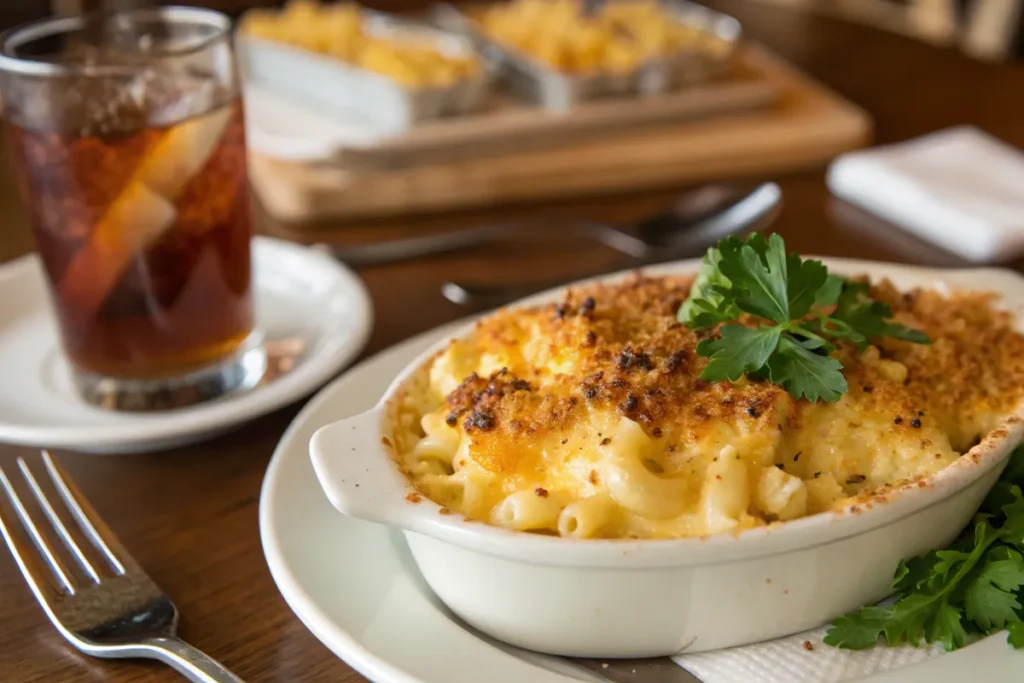 A small white bowl of smoked mac and cheese topped with breadcrumbs and parsley sits on a white plate.