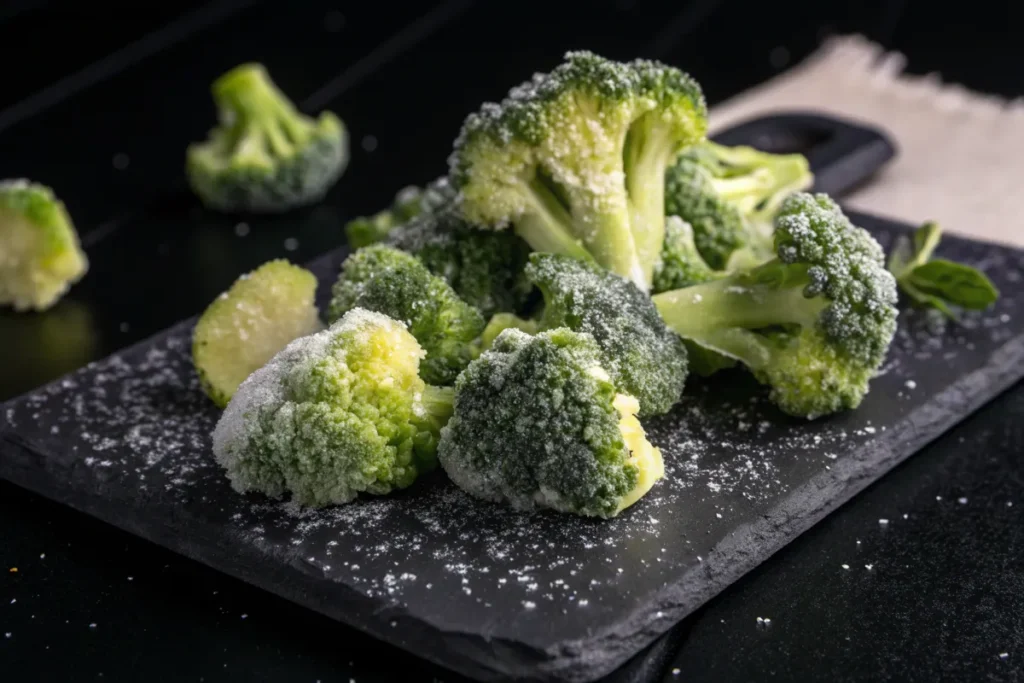 Frozen broccoli florets on a black slate cutting board.