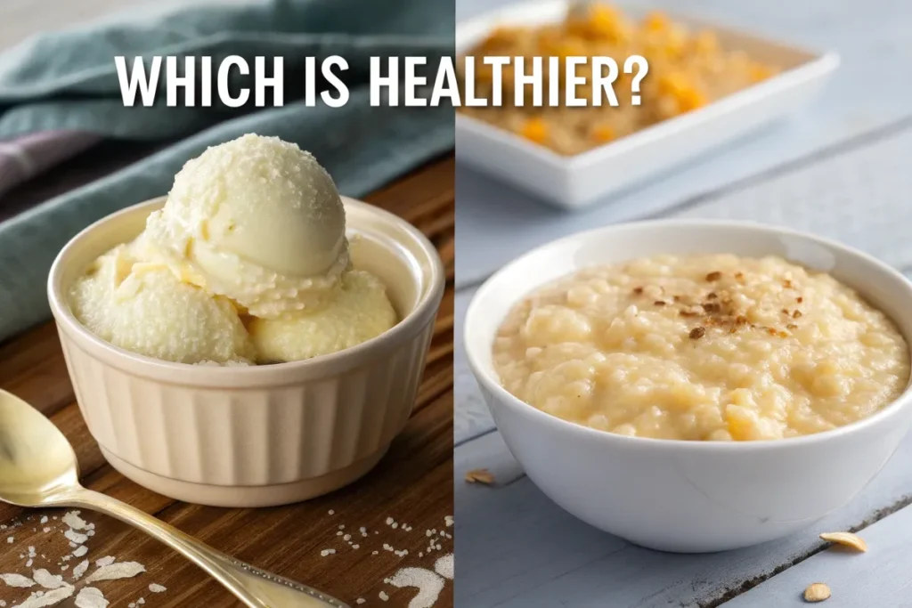 Two bowls of food, ice cream and oatmeal, are shown side by side.