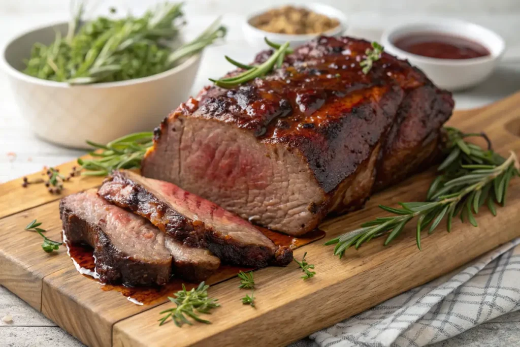 Perfectly Glazed BBQ Arm Roast on Wooden Cutting Board with Grilled Vegetables at a Backyard Barbecue