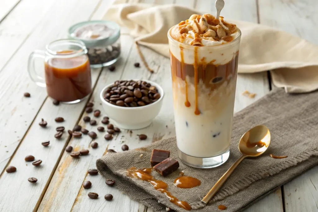 A tall glass of iced coffee topped with whipped cream, caramel sauce, and crushed peanuts sits on a table.