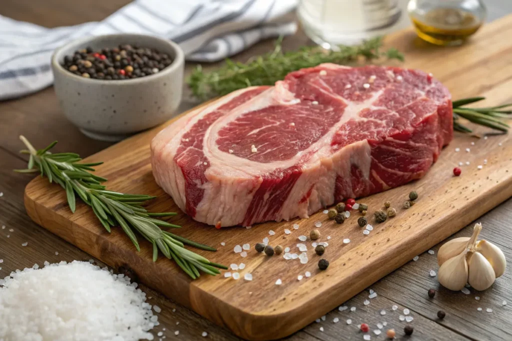 A thick cut of raw beef sits on a wooden cutting board.