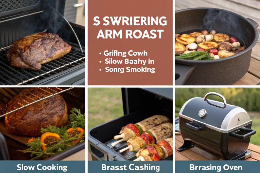 A collage showcasing various cooking methods and food like roasted meat and grilled vegetables.