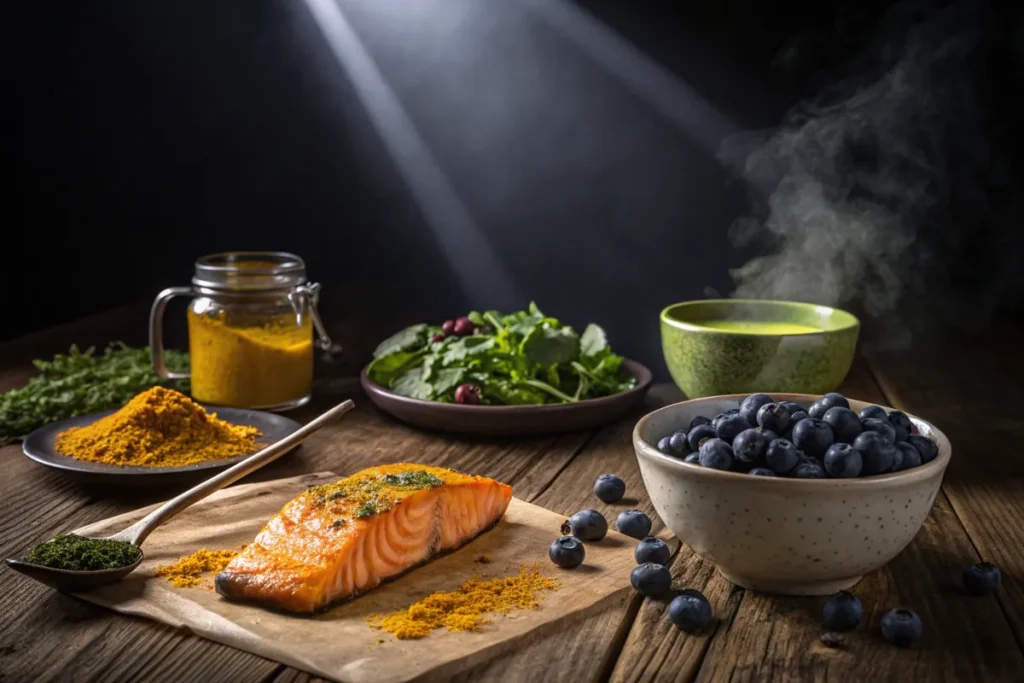 Grilled salmon fillet, spices, blueberries, salad, and soup are arranged on a wooden table.