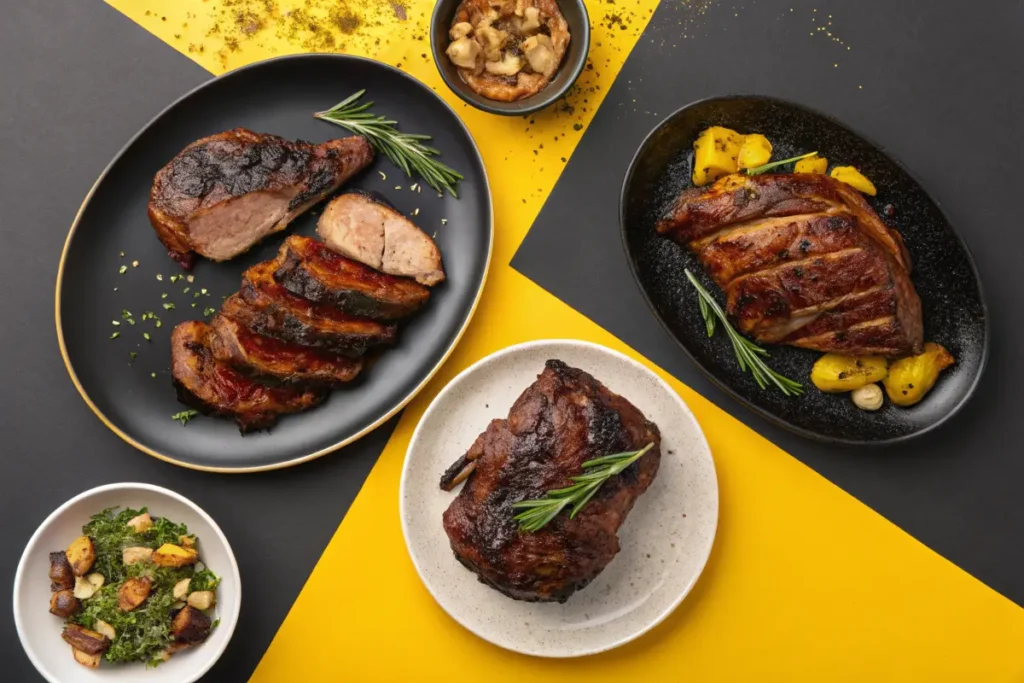 Four plates of various cooked and sliced meats are arranged on a black and yellow background.