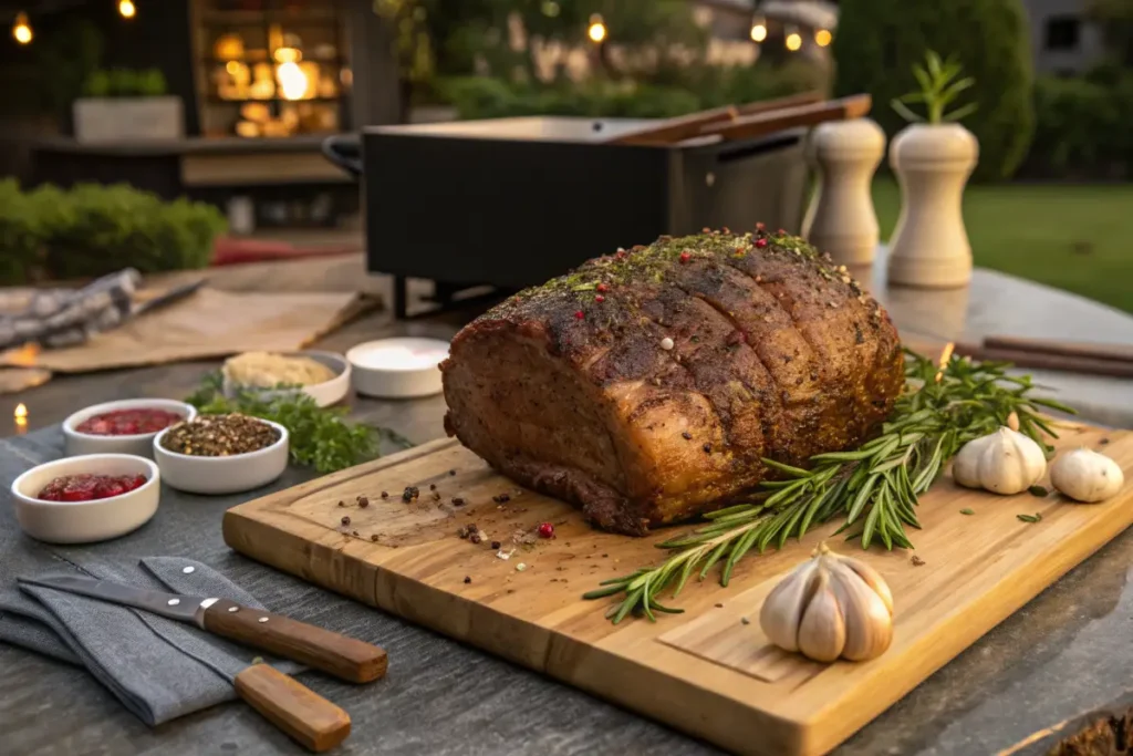 A seasoned roast sits on a cutting board, garnished with rosemary and garlic cloves.