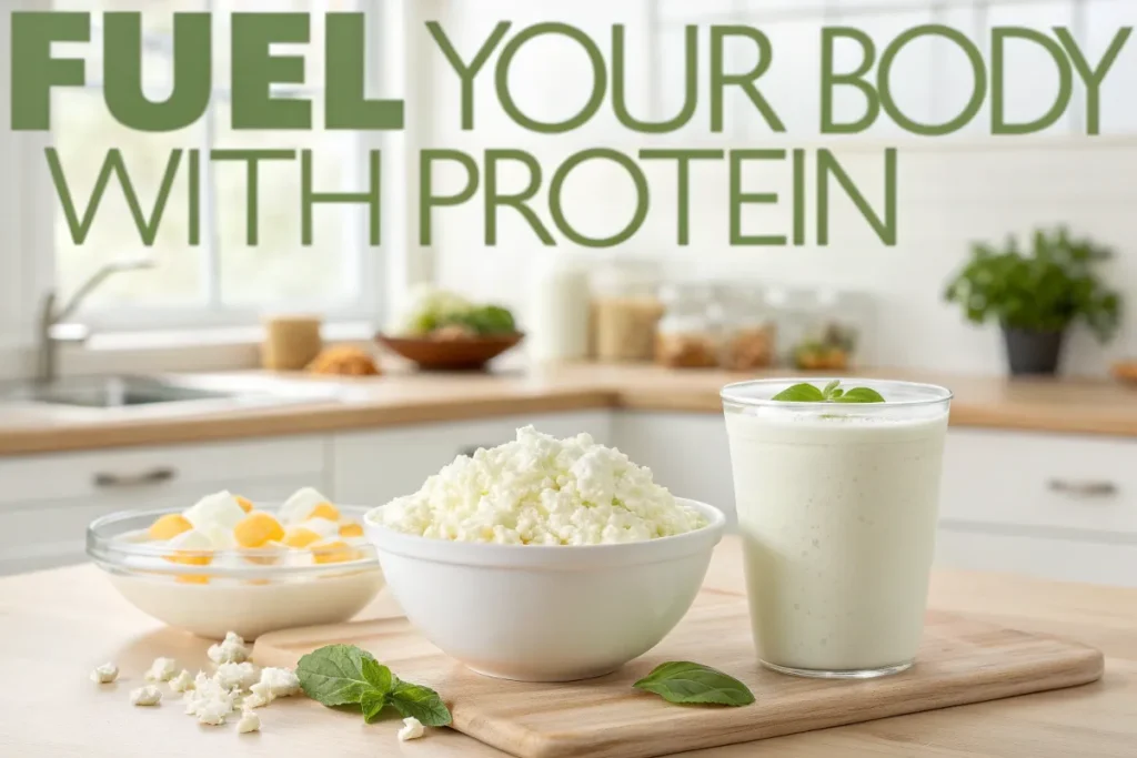 A bowl of cottage cheese, a glass of milk, and a bowl of fruit with yogurt sit on a wooden cutting board.