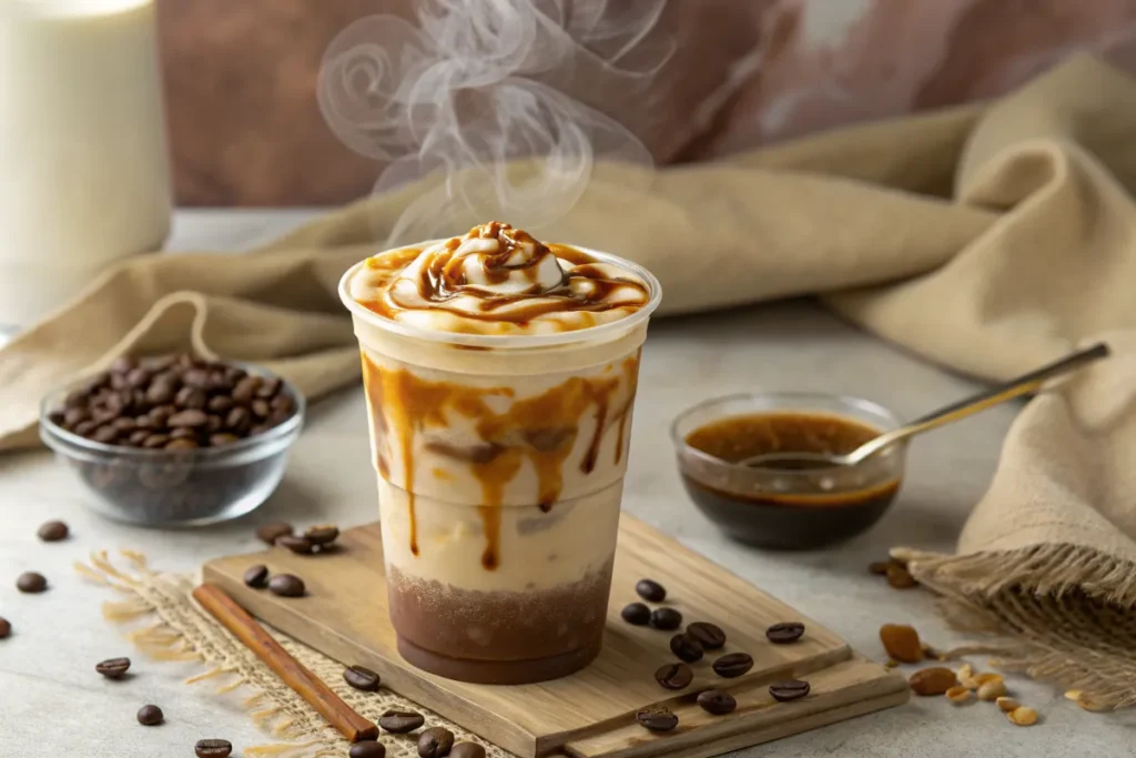 A plastic cup of iced coffee with whipped cream and caramel drizzle sits on a wooden board, steam rising from the top.
