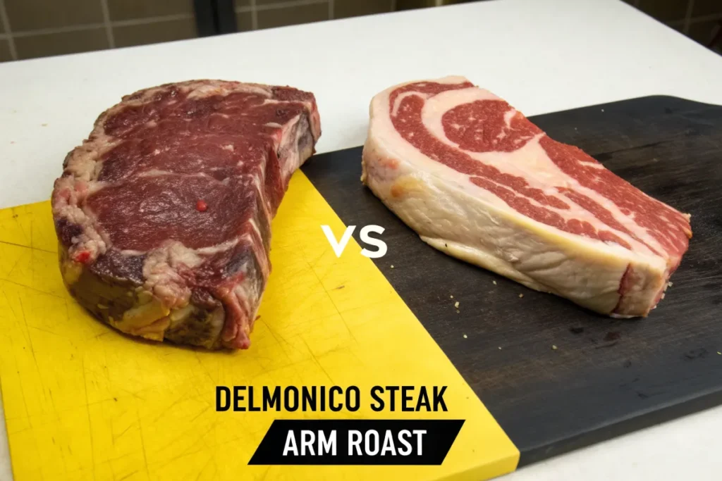 A Delmonico steak and an arm roast are placed side by side on a cutting board.