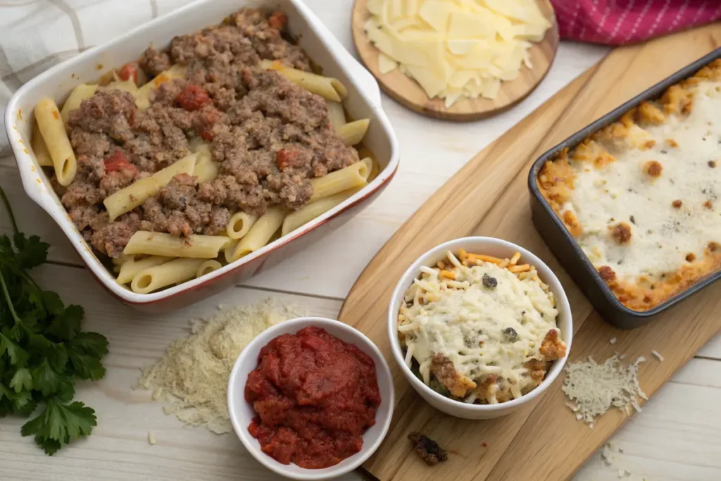 An overhead view of pasta dishes, a bowl of tomato sauce, grated cheese, and fresh parsley.