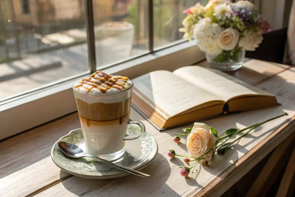 A layered latte in a clear glass mug sits on a saucer beside an open book and a rose on a windowsill.