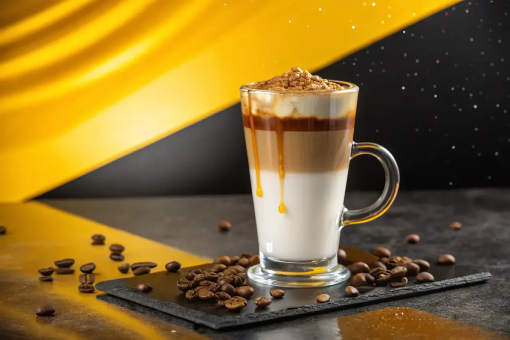 A tall glass of layered latte with caramel dripping down the side sits on a black coaster with coffee beans.