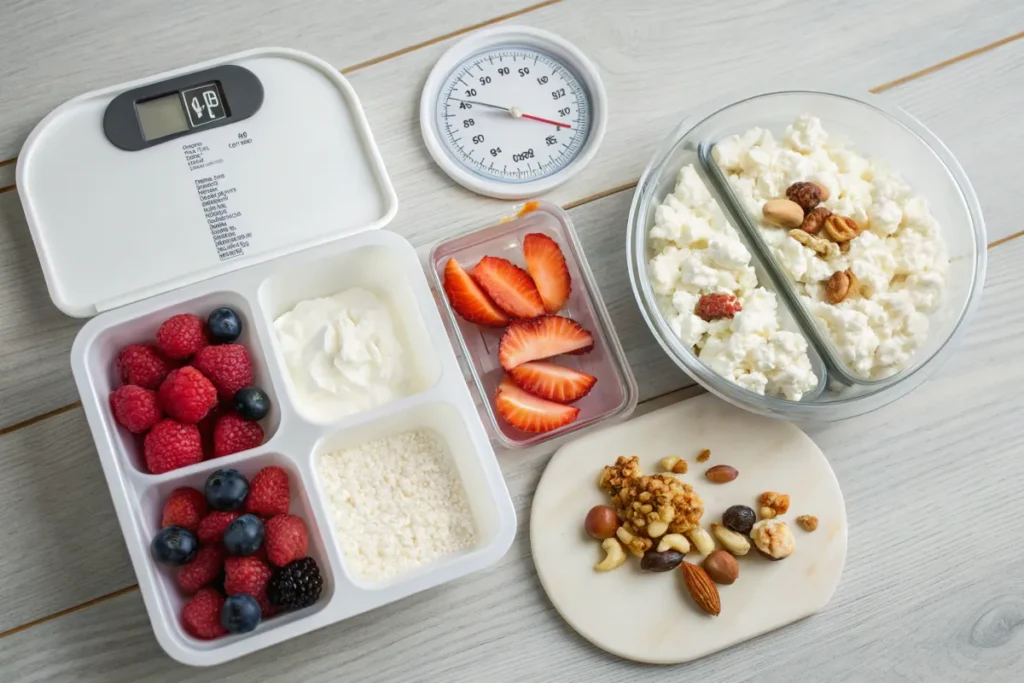 A flat lay of healthy food options including cottage cheese, berries, yogurt, sliced strawberries, shredded coconut, and mixed nuts arranged on a wooden table next to a food scale.