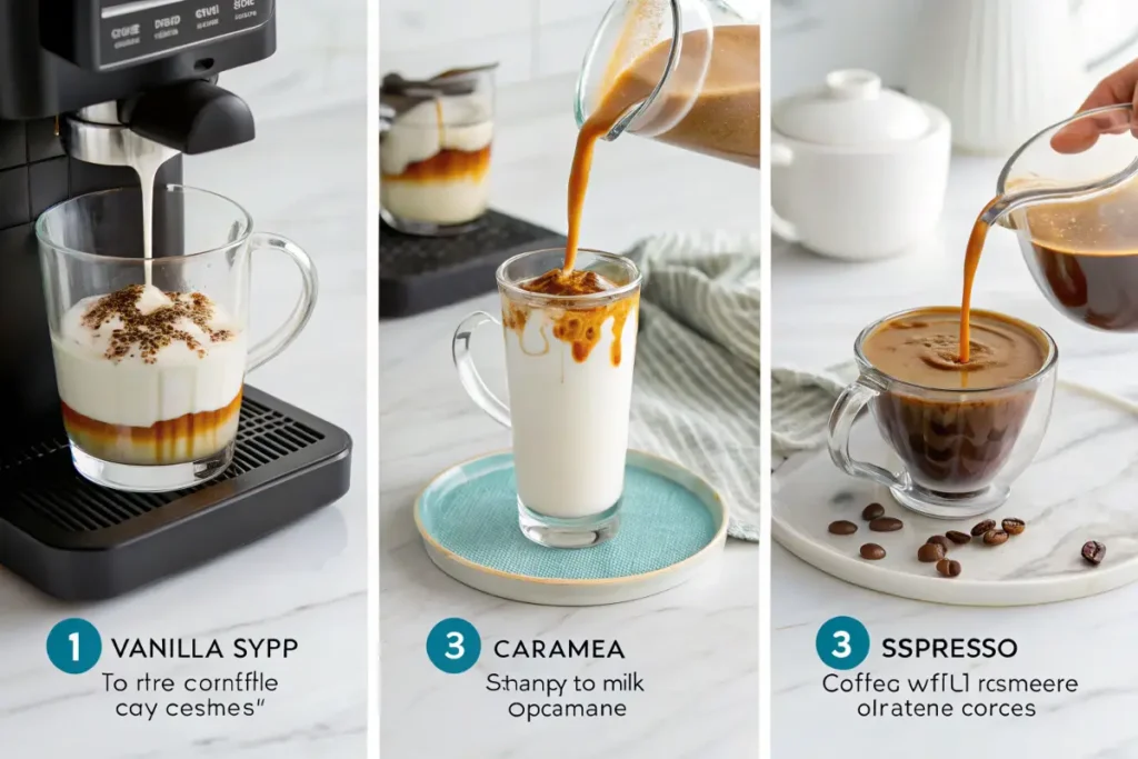 A three-part image shows the steps to making a delicious espresso beverage.