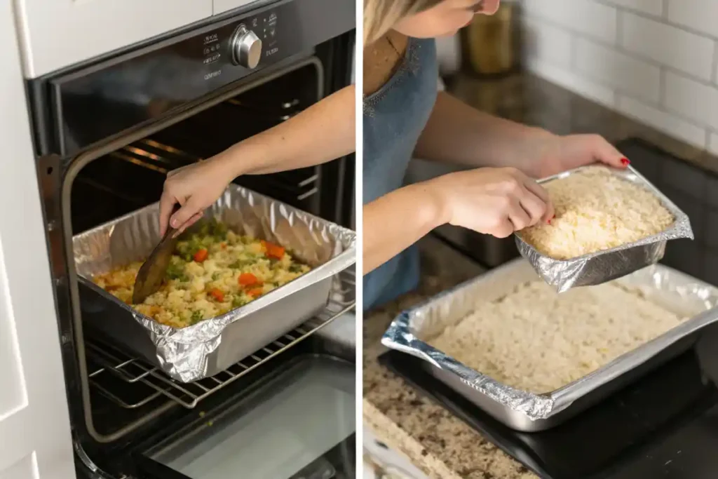 Casserole with raw rice and a measuring cup of broth on the side.