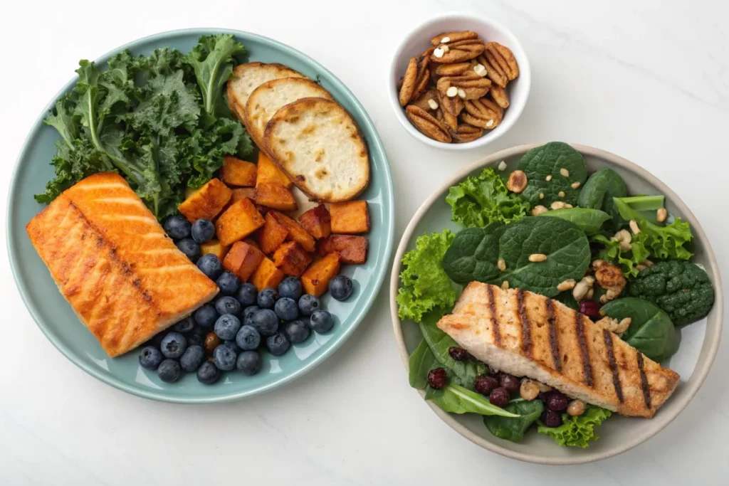 anti inflammatory foods   : Two plates with cooked salmon, roasted sweet potatoes, blueberries, kale, and mixed greens are shown with a small bowl of pecans.