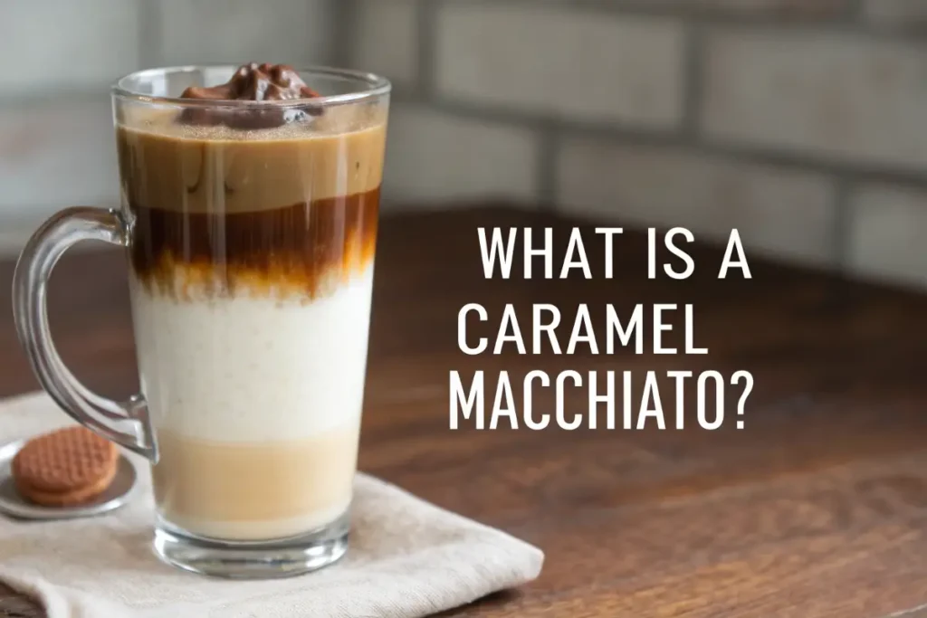 A clear glass mug holds a layered caramel macchiato topped with caramel drizzle.