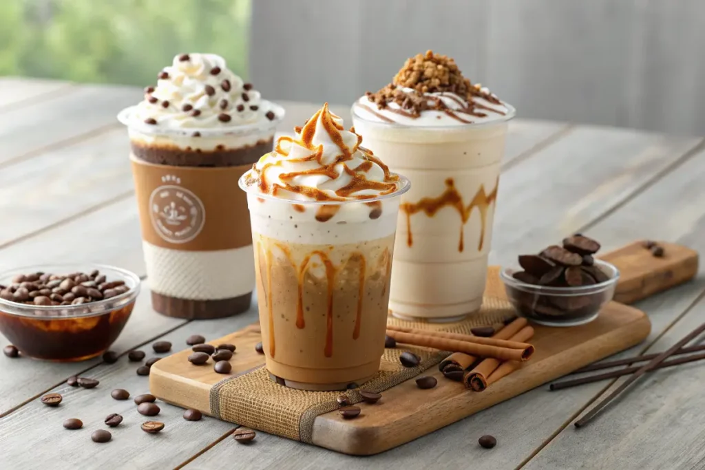 Three iced coffee drinks in plastic cups are topped with whipped cream, chocolate chips, caramel drizzle, and crunchy toppings.