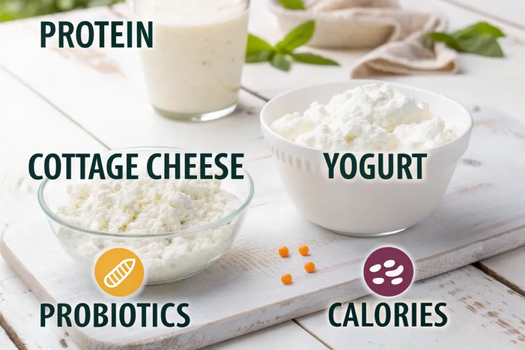 Infographic comparing the nutritional values of cottage cheese and yogurt, focusing on protein, calories, and probiotics.