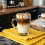 A layered latte drink topped with whipped cream and caramel sauce sits in a clear glass mug on yellow and gray napkins.