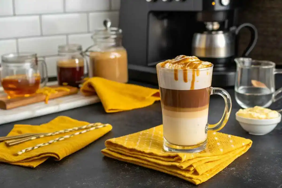 What is a Caramel Macchiato? A Delicious Coffee Favorite : latte topped with whipped cream and caramel drizzle sits on a gold napkin.