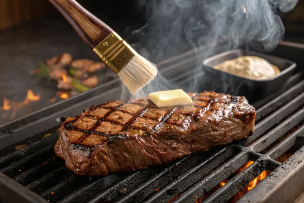 A Denver steak with a juicy crust served on a black plate with golden light highlighting its marbling and garnished with herbs