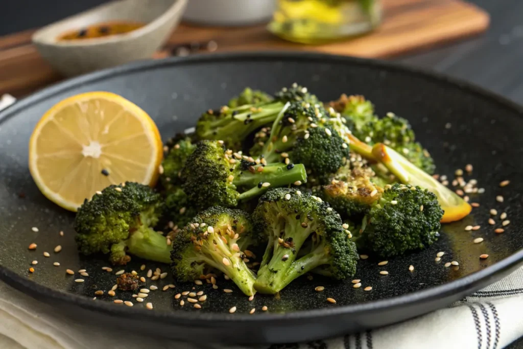 Roasted broccoli florets topped with sesame seeds are served on a black plate with a lemon wedge.