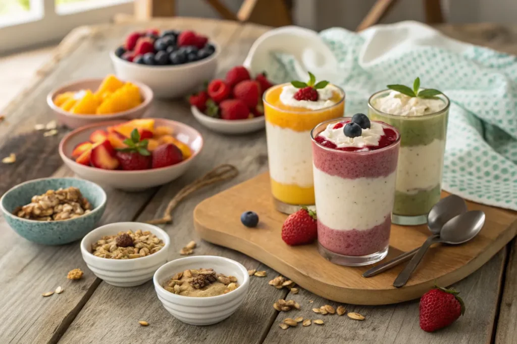 A variety of dishes using cottage cheese and yogurt, including parfaits, dips, and savory snacks on a rustic table.