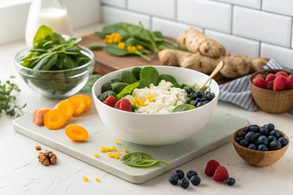 A white bowl filled with cottage cheese, spinach, blueberries, and raspberries sits on a table surrounded by fresh ingredients.