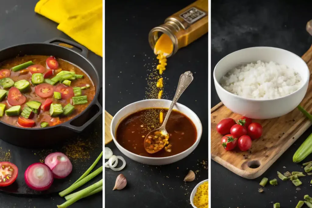 Steps to make sinigang with tamarind concentrate: mixing, simmering, and adding vegetables.