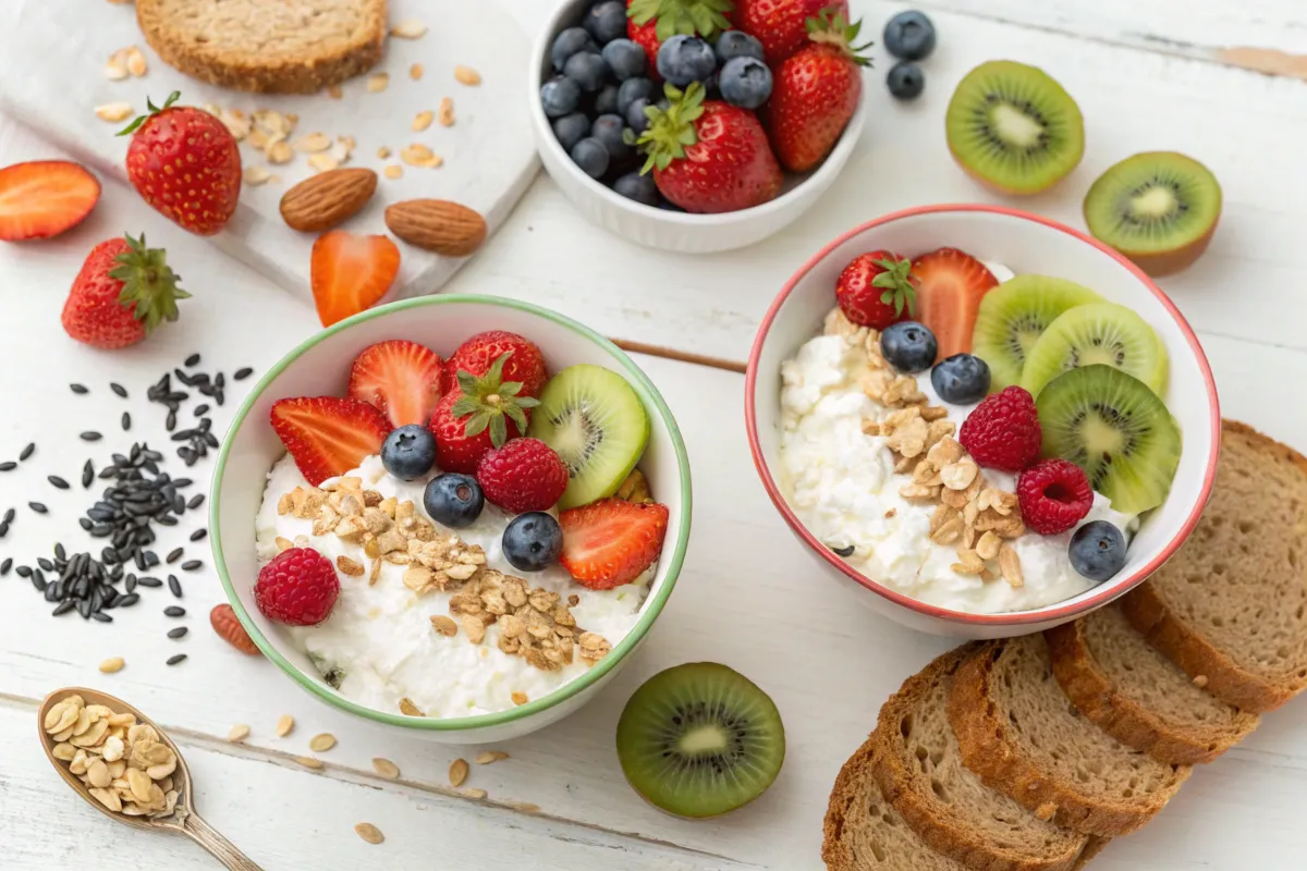 Two bowls of cottage cheese topped with granola, berries, strawberries, and kiwi are arranged on a white table alongside whole-wheat toast.
