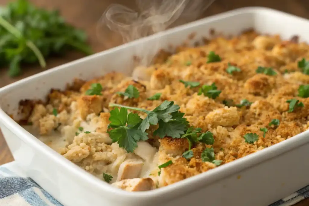 A freshly baked casserole with a crisp, golden topping and fresh herb garnish