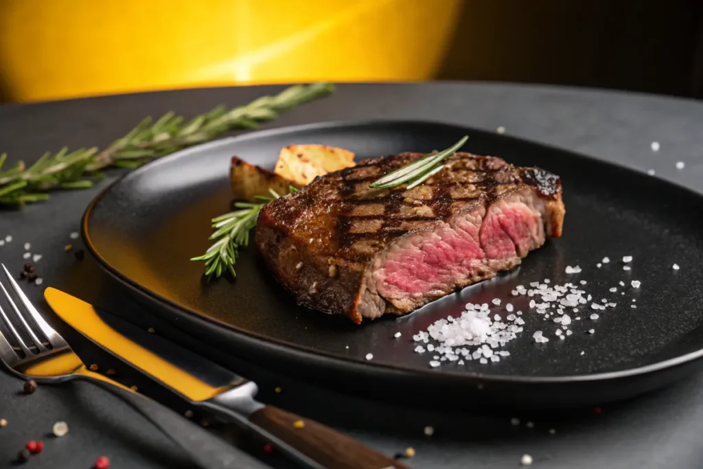 Delmonico Steak  Juicy grilled steak served on a black plate with rosemary and potato.