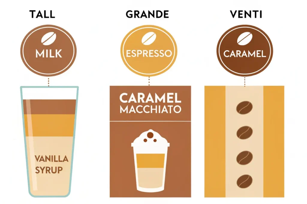 A graphic showing how to make a caramel macchiato in tall, grande, and venti sizes.