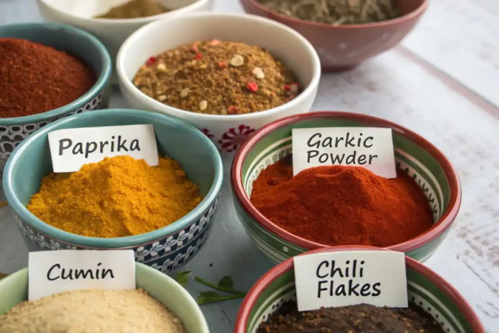 n assortment of colorful spices in small bowls, perfect for enhancing meals.