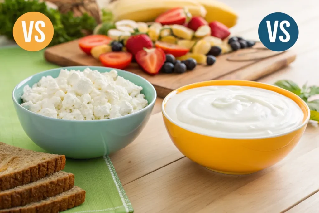 A side-by-side comparison of cottage cheese and yogurt in bowls, with a balanced meal and fresh ingredients in the background.