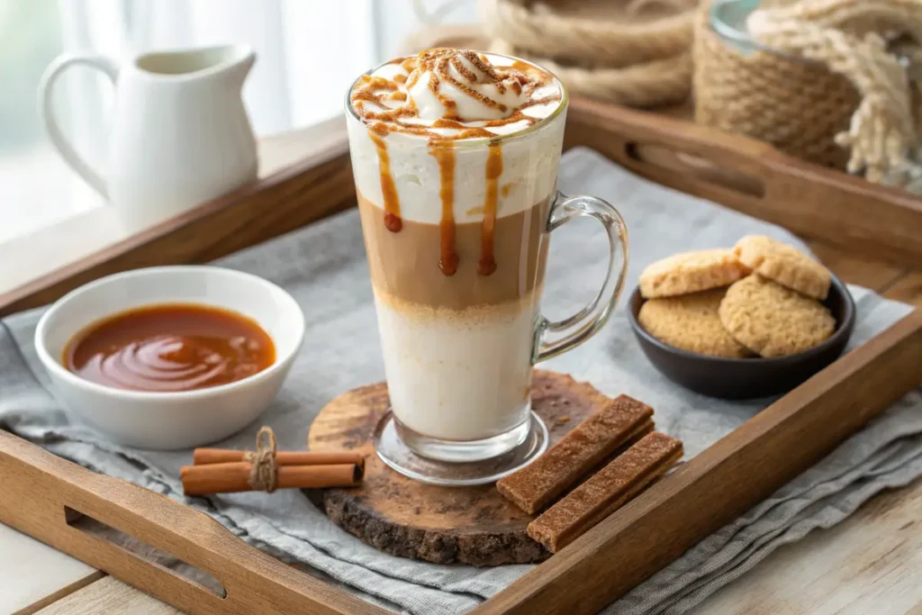 A tall glass of layered latte topped with whipped cream and caramel sauce sits on a wooden tray.