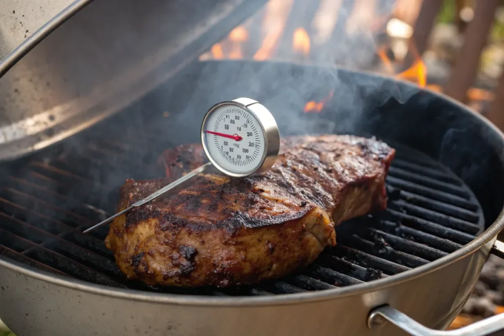 A meat thermometer is stuck in a steak cooking on an outdoor grill.