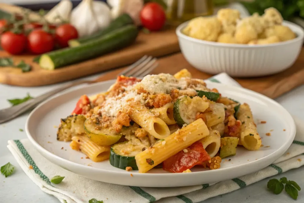 Pasta bake with zucchini, tomatoes, and breadcrumbs on a white plate.