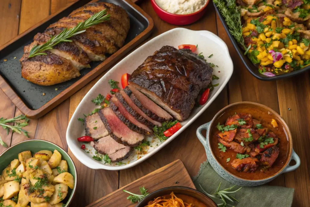 A wooden table is covered with various dishes of roasted meats, potatoes, and stews.